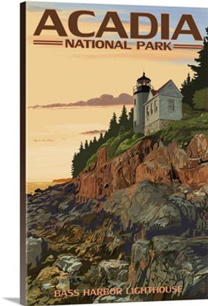 Acadia National Park, Maine - Bass Harbor Lighthouse: Retro Travel Poster