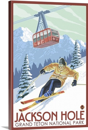 Wyoming - Jackson Hole Grand Teton Skiing: Retro Travel Poster