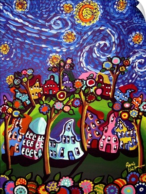 Whimsical Trees Houses Van Gogh Sky