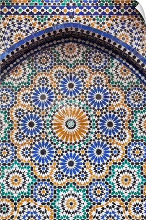 Africa, Morocco, Fes. A detail of a mosaic tiled fountain.