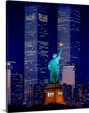 New York City, Statue of Liberty and World Trade Center at night