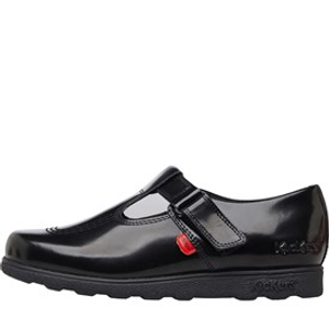 Kickers Girls Fragma T-Bar Patent Leather School Shoes Black