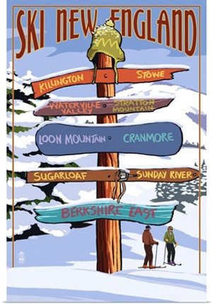 New England - Ski Areas Sign Destinations: Retro Travel Poster
