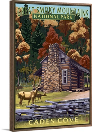 Cades Cove and John Oliver Cabin  - Great Smoky Mountains, TN: Retro Travel Poster