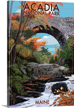 Acadia National Park, Maine - Stone Bridge: Retro Travel Poster