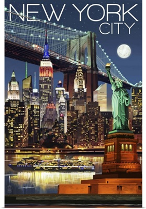 New York City, NY - Skyline at Night: Retro Travel Poster