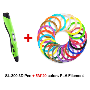 3D Drawing Printing Pen Intelligent Smart SL-300 (Green) with PLA Filament 1.75mm 5M*20 Colours Refills Pack SL-BH005