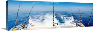 Fishing reels with cast lines off the back of a boat