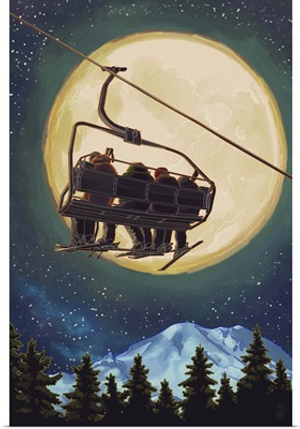 Ski Lift and Full Moon: Retro Poster Art