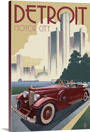 Detroit, Michigan - Vintage Car and Skyline: Retro Travel Poster