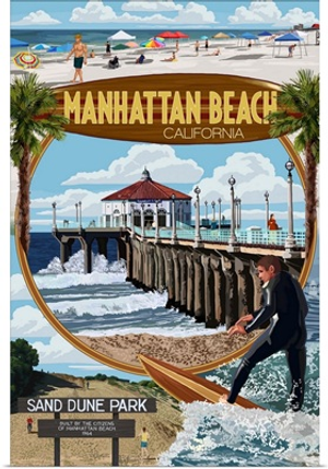 Manhattan Beach, California - Montage Scenes: Retro Travel Poster