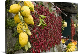 Close-up of lemons and chili peppers in a market stall, Sorrento, Naples, Campania, Italy
