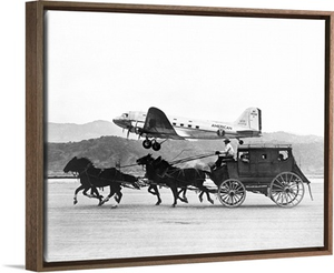 American Airlines DC-3 flying past horse drawn stagecoach