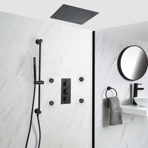 Milano Nero - Black Thermostatic Shower System with 400mm Square Recessed Shower Head, Body Jets and Riser Rail with Hand Shower (3 Outlet)