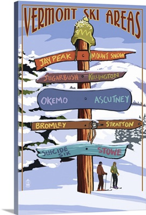 Vermont - Ski Areas Sign Destinations: Retro Travel Poster