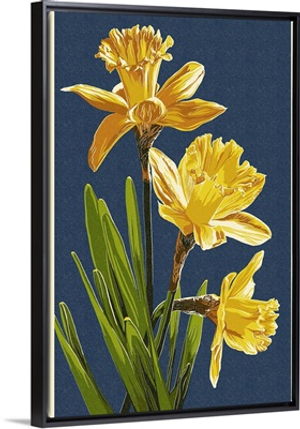 Daffodils - Letterpress - Blue Background: Retro Poster Art