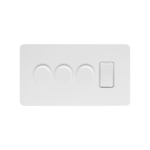 The Eldon Collection White Metal Flat Plate 4 Gang Switch with 3 Dimmers (3x150W LED Dimmer 1x20A Switch)