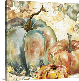 Watercolor Harvest Teal and Orange Pumpkins I