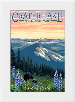 Crater Lake National Park, Oregon - Spring Flowers and Bear Family: Retro Travel Poster