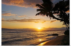 Hawaii, Maui, Kaanapali Resort, Sunset With Beach And Palm Trees