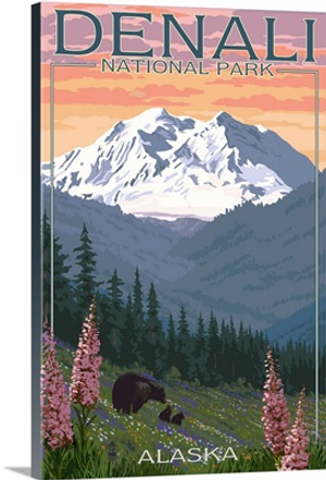 Denali National Park, Alaska - Bears and Spring Flowers: Retro Travel Poster