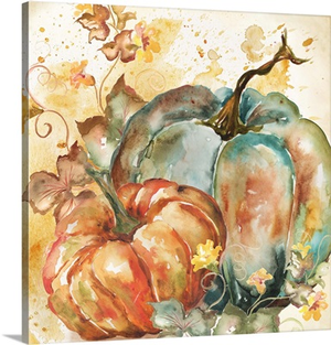Watercolor Harvest Teal and Orange Pumpkins II