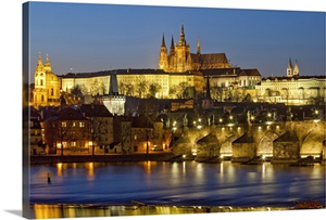 Prague - Charles Bridge, Hradcany Castle, St. Vitus Cathedral at dusk.
