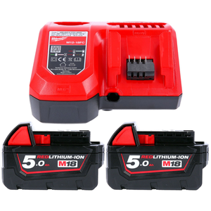 Milwaukee 18V Battery Pack 2 x M18B5 5Ah Battery & M12-18FC Charger M18NRG-502