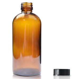 250ml Amber Glass Boston Bottle & PP Screw Cap - Black