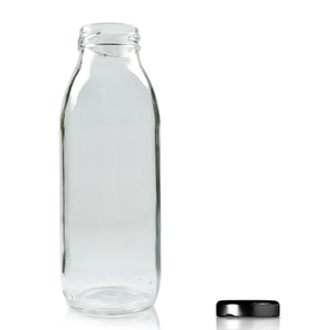 300ml Clear Glass Milk/Juice Bottle & Twist Off Cap - Black