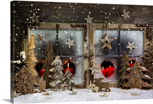 Christmas Window Decoration In Red With Wood