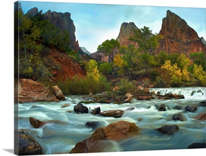 Court of the Patriarchs rising above river, Zion National Park, Utah