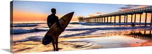 Scripps Pier and Surfer Silhouette at Sunset, La Jolla, San Diego- Panoramic