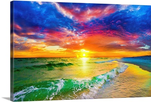 Purple Red Sunset And Beautiful Ocean Sunset Beach