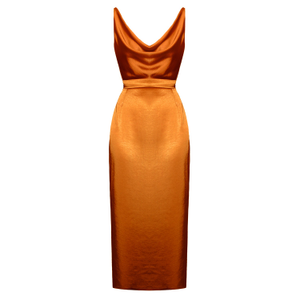 Kamea Tawny Brown Satin Draped Front Open Back Midi Dress (S)