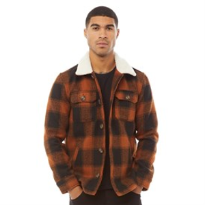 Brave Soul Mens Augustus Checked Sherpa Collar Jacket Black/Orange Check