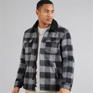 Brave Soul Mens Augustus Checked Sherpa Collar Jackt Black/Grey Check