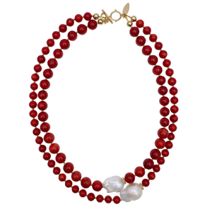 Red Coral With Baroque Pearls Double Strands Necklace