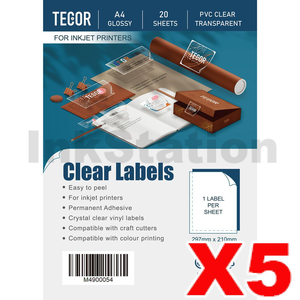 5 x Transparent Self Adhesive Photo Paper PVC Clear Sticker Vinyl Labels A4 Size - 20 sheets per pack (100 sheets in total)