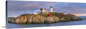 Maine, York Beach, Nubble Light Lighthouse with Christmas decorations, dusk
