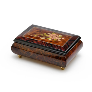 Gorgeous 30 Note Handmade Burl-Walnut  Music Box with Pink Rose Inlay