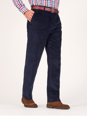 Navy Flat Front Corduroy Trousers