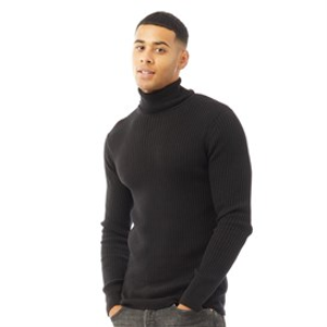 Brave Soul Mens Troops Knitted Roll Neck Jumper Black