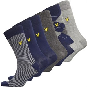 Lyle And Scott Vintage Mens Timothy Six Pack Socks Grey Marl/Argyle/Peacoat/Stripe/Dark