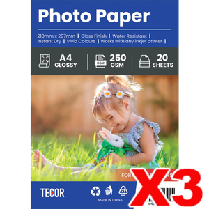 3 x Glossy Cast Coated Photo Paper 250GSM A4 Size for Inkjet Printers - 20 sheets per pack (60 sheets in total)