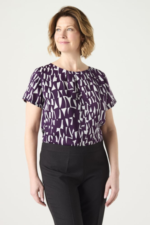 SJ Women's Pleat Neck Print Blouse, Plum Shard