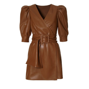 Andrea Aztec Mini Vegan Leather Dress With Puffed Sleeves (XS)