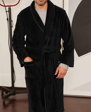 Black Fleece Supersoft Dressing Gown with Grey Piping