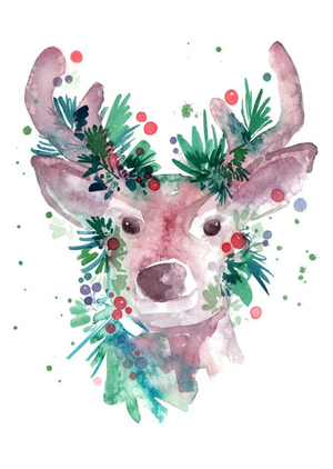 Beautiful Reindeer With Holly Watercolour Illustration Christmas Card