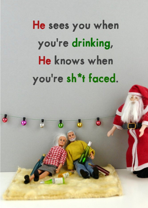 Funny Dolls He Sees You When You're Drinking Christmas Card